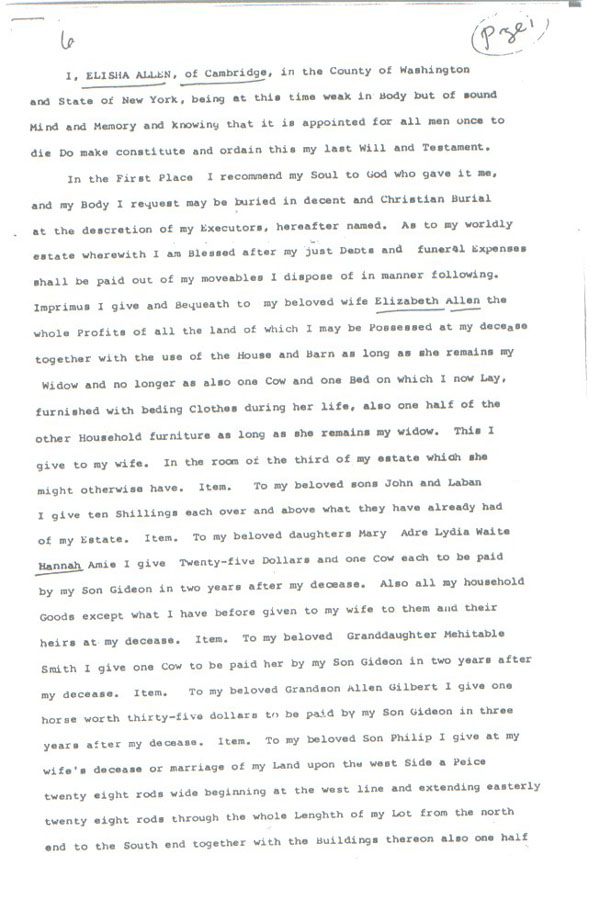 Will of Elisha Allen - pg 1