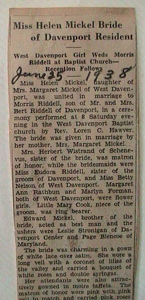 Helen Mickle Weds Morris Riddel