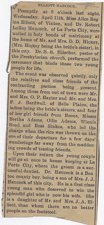 Marriage of Robert LeRoy Hancodk and Alice Elliott